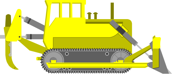 The image shows a yellow bulldozer with tracks on it parked next to an excavator that is digging into the ground in what appears to be construction site environment.