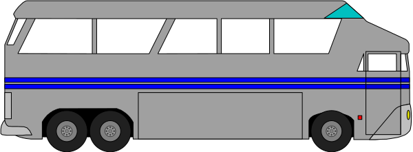 The image shows a blue bus with white wheels parked next to it on what appears to be an asphalt surface under clear skies.