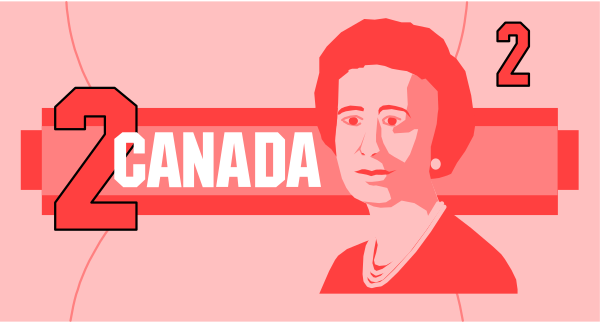 The image shows a graphic with text that reads "CANADA 2" at top left corner overlaid on an illustration of Queen Elizabeth II's face in profile view to her right side. Below this, there is another line of text reading "CANDACE." To the bottom left and below center, there are two red numbers: one large number '10,' which appears larger than the other smaller number '2.' The background has a gradient from pink at top to white towards the middle where it transitions into black.