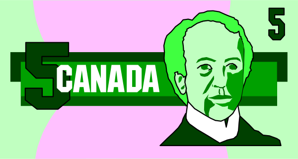 The image shows a Canadian five dollar bill with an altered design featuring a man's face on it instead of the usual portrait of Queen Elizabeth II.