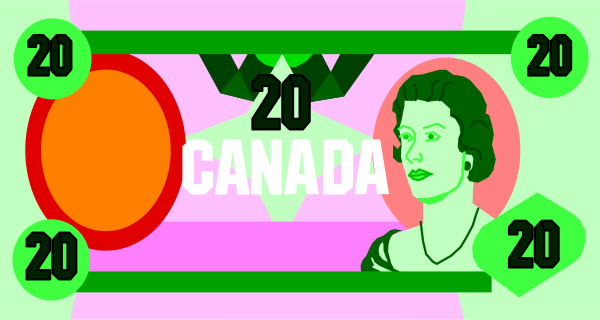 The image shows a Canadian twenty dollar bill with an overlay of two red circles on it; there is also text that reads "CANADA" in white letters atop one circle.