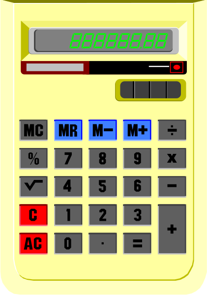 The image shows a calculator with buttons labeled "M+", "+", "-", "%", "/", 7, 8, 9, M- (minus), × (times) , /= (divide equals). There is also an input area at top where numbers can be entered. On the right side of the image there are two red buttons with "AC" written on them and a green button labeled "+/-". The calculator has a yellow background, which contrasts against its white frame.