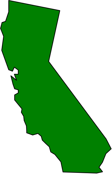 The image shows a stylized map of California with green counties highlighted against a gray background.