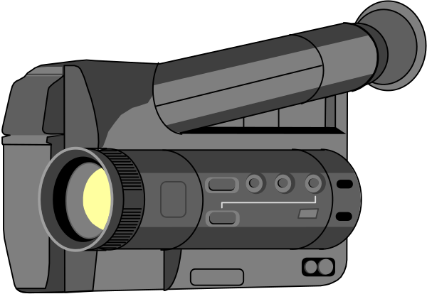 The illustration shows a black camera with an attached lens on top of it against a dark background.