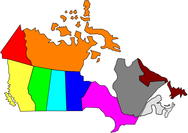 The map shows a stylized representation of North America with various regions highlighted by different colored borders; it is set against a black background within which there's no additional context provided about objects, people, animals, actions, and setting beyond what has been described above.