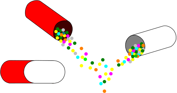 The image shows a cartoon depiction of two pills with colorful dots flying out from them against a black background; there is no text present in this clip-art illustration.