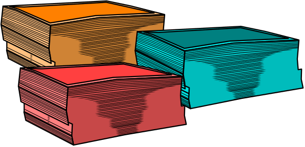 The image shows four stacks of papers with different colored binders on top placed next to each other against a dark background.