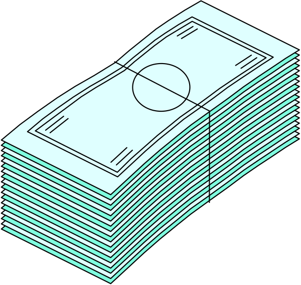 The image shows a black and white illustration of stacks of money with an open book on top to resemble pages being added up for accounting purposes.