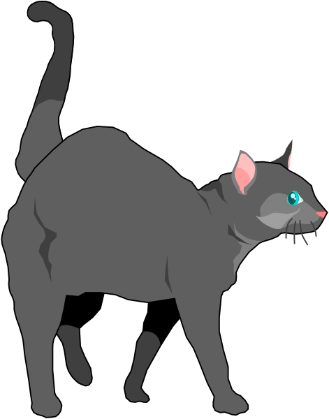 The image shows a black cat with glowing eyes standing on its hind legs against an open door frame, looking out into darkness beyond.