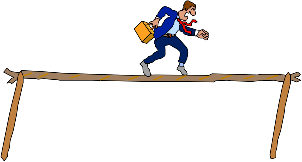 The image shows a cartoon of an animated character running on top of what appears to be railroad tracks with their arms outstretched for balance in front of them.