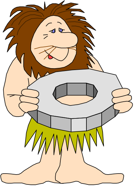 The cartoon shows a character with shaggy hair holding an object that resembles a drum while standing next to what appears to be another similar item on its side; both characters have exaggerated facial expressions, and one is wearing shorts adorned with spikes or points at the bottom of their legs.