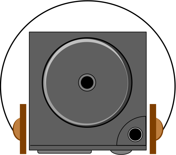The image shows a black and white illustration of an old record player with two wheels on either side at rest against a dark background.