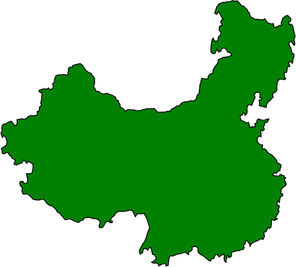 The image shows a stylized map of China with its provinces outlined against a black background; it is colored green to represent landmasses and white for water bodies.