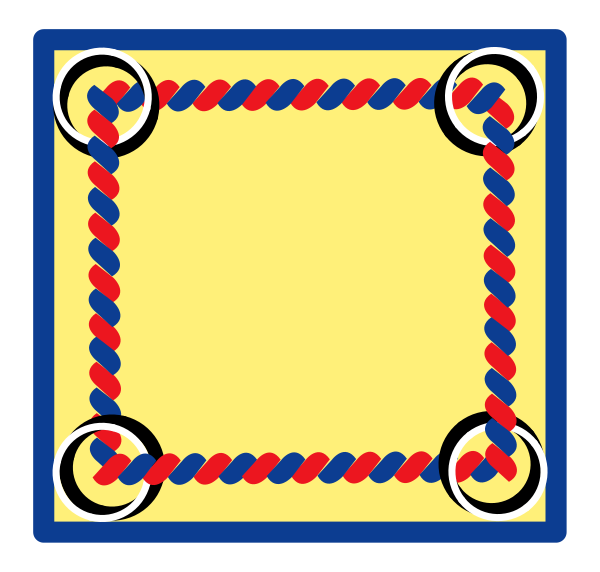 The image shows a simple graphic of an empty yellow square with four blue circles around its edges connected by red lines to form corners on each side.