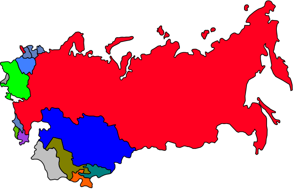 The map shows a stylized representation of Russia with various regions highlighted by different colored shapes on top of it.