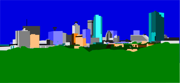 The image shows a pixelated cityscape with buildings on both sides of water under an overcast sky at dusk; there is no text present in this clip-art representation.