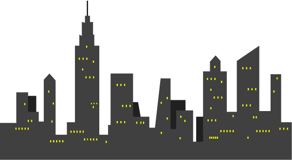 The image shows a nighttime cityscape with tall buildings illuminated against dark skies; there is no visible text in this small clip-art illustration of an urban scene featuring skyscrapers outlined by lights, suggesting it could be Chicago's downtown area based on its silhouette.