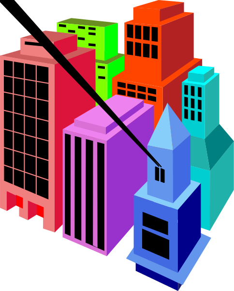 The image shows a stylized cityscape with colorful buildings of various sizes against an abstract background; there is no text present in this clip-art illustration.