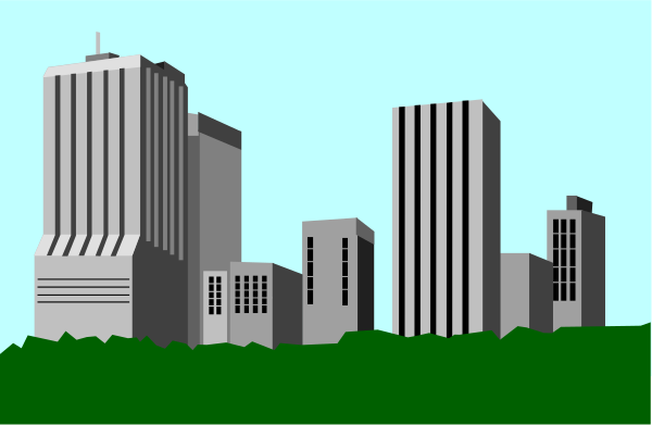 The image shows a city skyline with several buildings of varying heights against an overcast blue sky; there is no visible activity in this still clip-art representation.