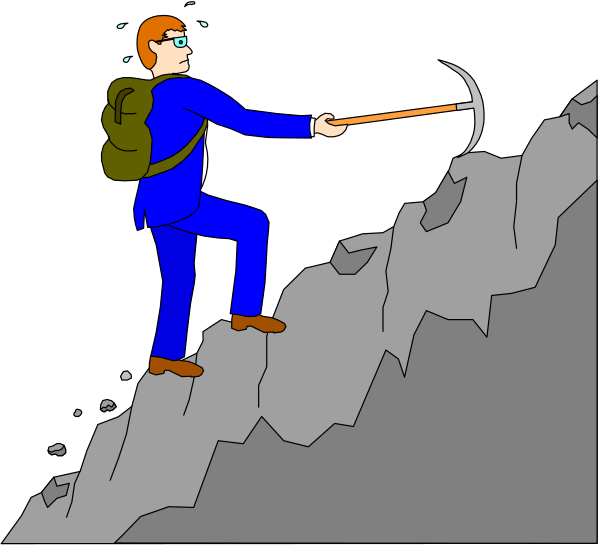 The illustration shows a man climbing uphill on rocky terrain while holding onto his backpack with both hands for support; he is wearing glasses and appears to be in mid-climb looking down at something below him, possibly contemplating an obstacle ahead of him or taking a momentary rest during the ascent.