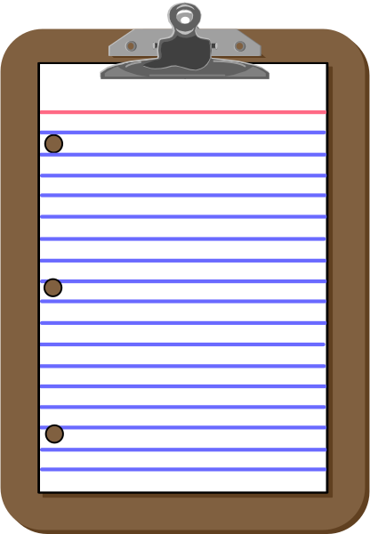 The image shows a red clipboard with white paper attached to it that has blue lines drawn on top of some text written in black ink.