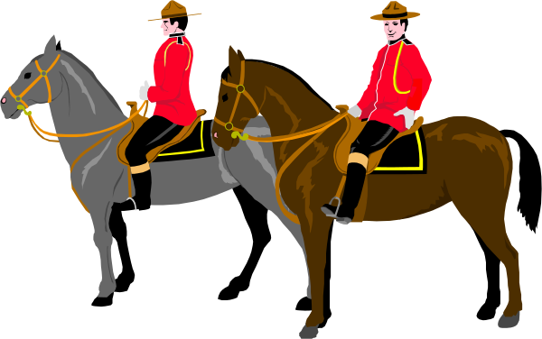 The image shows two men on horses dressed as British soldiers riding side by side with a dark background featuring no other elements besides them.