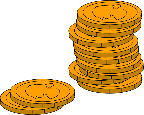 The image shows a pile of golden coins with an apple symbol on them next to stacks of paper money that also have apples as symbols.