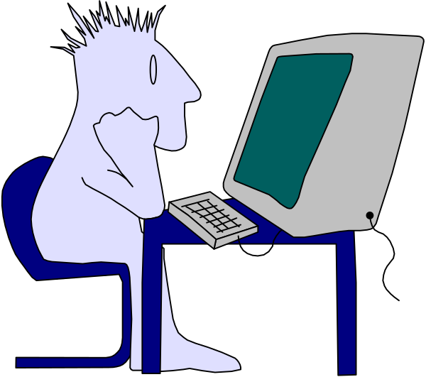 The black and white cartoon shows a person sitting at an office desk with their back to us; there is no visible face on this figure. They have short hair and appear relaxed as if taking a break from work, holding up one hand in front of them while looking downward towards the keyboard that's placed directly below it. The computer monitor displays what seems like a blank screen or perhaps an image with very low resolution due to its small size within this clip-art style illustration.