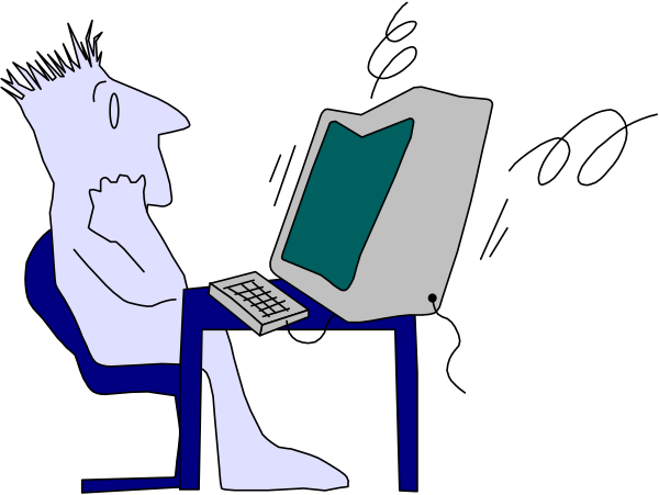 The black and white cartoon shows a man sitting at his desk with an open laptop computer on it; he is looking down towards something off-screen while holding what appears to be a book in one hand.