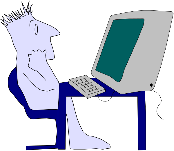 The black and white cartoon shows a person sitting at an office desk with their back to us; there is no computer monitor in front of them but one on either side.