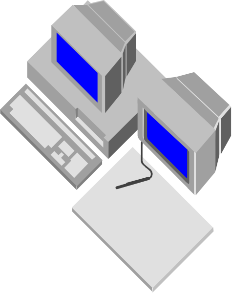 The image shows a black and white illustration of an office cubicle with two computer monitors on top of it, each displaying blue screens; below them is another monitor showing what appears to be a document viewer interface in shades of gray and green.