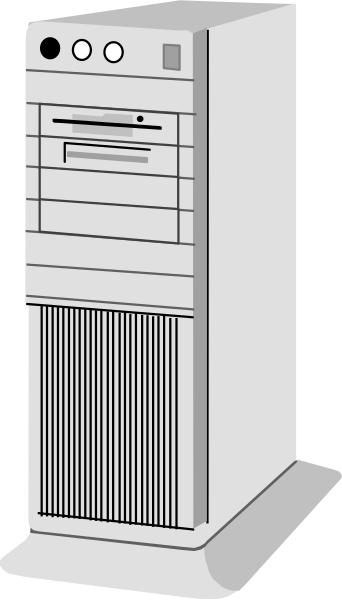 The image shows a black and white photo of an old computer tower with its side panel open to reveal internal components such as fans and possibly hard drives.