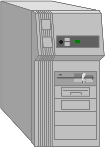 The image shows a computer tower with multiple drives on its side placed against a gray background.