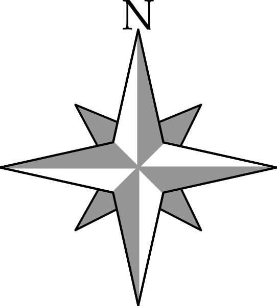 The image shows a compass rose with cardinal directions labeled N E S W on it against a black background.
