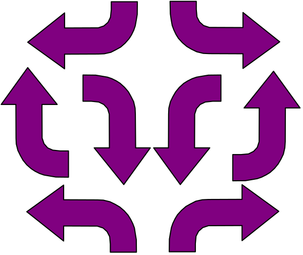 The image shows a purple abstract design with multiple arrows pointing to each other forming an intricate pattern against a black background.