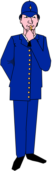 The image shows a blue police uniform with an officer standing next to it on what appears to be a gray background.