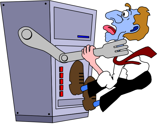 The cartoon shows a man with an exaggeratedly large head standing next to a futuristic machine that has buttons on it; he is holding onto his tie as if trying to stop something from happening within this device, which appears to be malfunctioning or about to explode due to the smoke coming out of its top. The background features two other machines and what looks like an ATM in front of a dark wall with some sort of digital display on it; there's also another man standing behind these devices who seems uninvolved, wearing glasses and holding his hands together as if