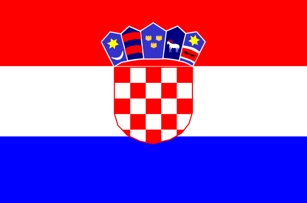 The flag of Croatia with a coat of arms on top featuring three crowns above two crossed swords.