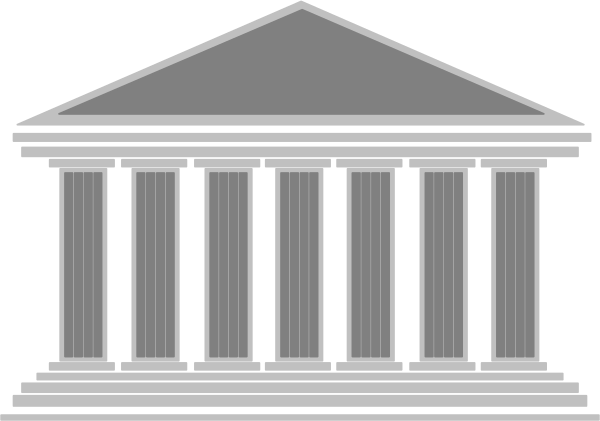 The black and white illustration shows a classical building with columns that resembles an ancient Greek temple design; it is stylized in a simplistic manner without any intricate details to indicate specific architectural features, such as pediments or friezes.