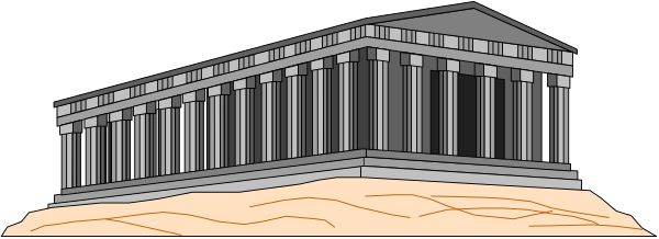 The image shows a black and white illustration of an ancient Greek temple with columns on either side against a gray background.
