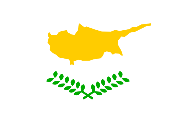 The flag of Cyprus with a banner below it featuring olive branches on either side.