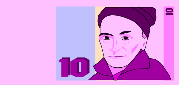 The image shows a purple pixelated representation of an individual with facial hair on what appears to be a 10 euro bill featuring two distinct halves; one half is in color while the other has been altered, possibly for artistic effect. There's no text or additional context provided within this small clip-art style illustration. The focus seems to be solely on altering and comparing these two versions of currency notes with a pixelated character superimposed over them.