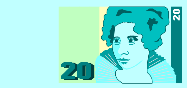 The image shows a British pound note with an illustration of a person's face on it against a blue background.