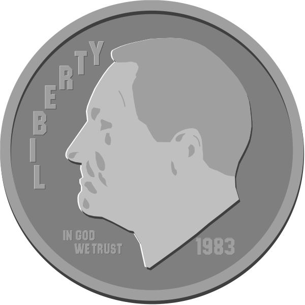 The coin features a portrait of Ronald Reagan with text that reads "IN GOD WE TRUST" around it; there is also an inscription on one side indicating 1983 as the year he was inaugurated for his second term, and another saying "WE THE PEOPLE." There are two coins shown: one has a clear image of Reagan's face with no text overlaying it, while the other coin shows only half of Ronald Reagan's profile.