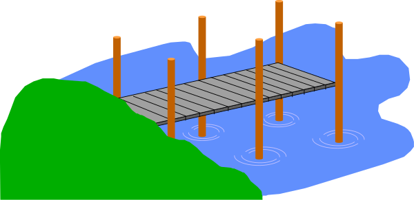 The image shows a bridge with multiple orange flags on it against an outdoor background that includes water to its left side.