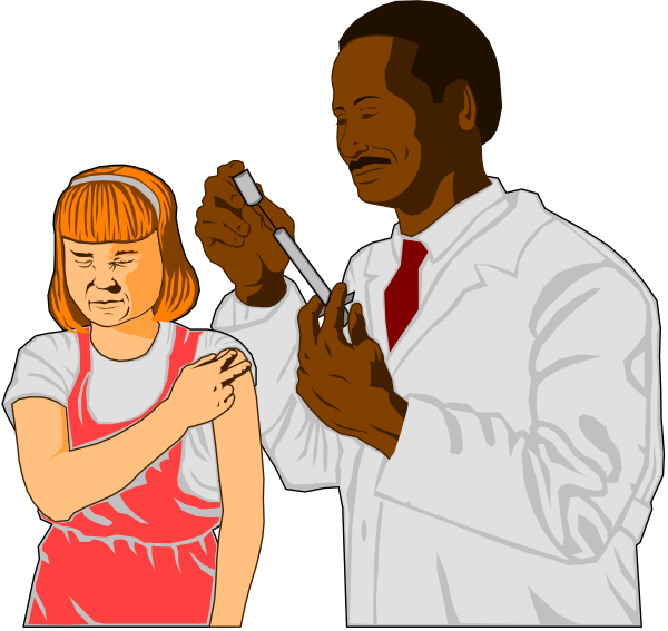 The image shows a cartoon of three individuals: on the left side there is an adult male wearing glasses holding up his hand with fingers spread wide; in the middle stands another man who appears to be administering something, possibly medicine, into someone's arm while looking at them attentively and smiling slightly; next to him are two children. The child closest to us has a concerned expression on their face as they look towards the adult male holding up his hand with fingers spread wide. On the right side of the image is another young girl who seems unaware or indifferent, standing beside an