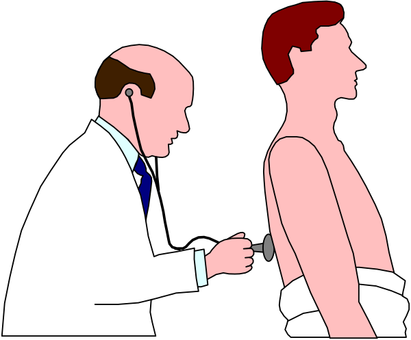 The illustration shows a medical professional examining an unclothed person's back while standing behind them at what appears to be a doctor's office with examination equipment in view.
