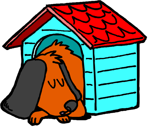The cartoon depicts a dog lying inside an open toy house with its head out of it, looking relaxed while resting on top of what appears to be a small bed within the structure.
