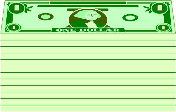 The image shows a US dollar bill with an illustration of George Washington on it placed over what appears to be lined paper in portrait orientation.