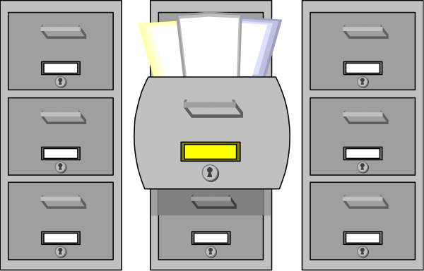 The image shows a cartoon depiction of an office with multiple filing cabinets labeled "1" through "5," each containing papers; there is also one cabinet that appears to be open revealing more files inside, and it has a yellow label on top indicating some sort of importance or urgency.